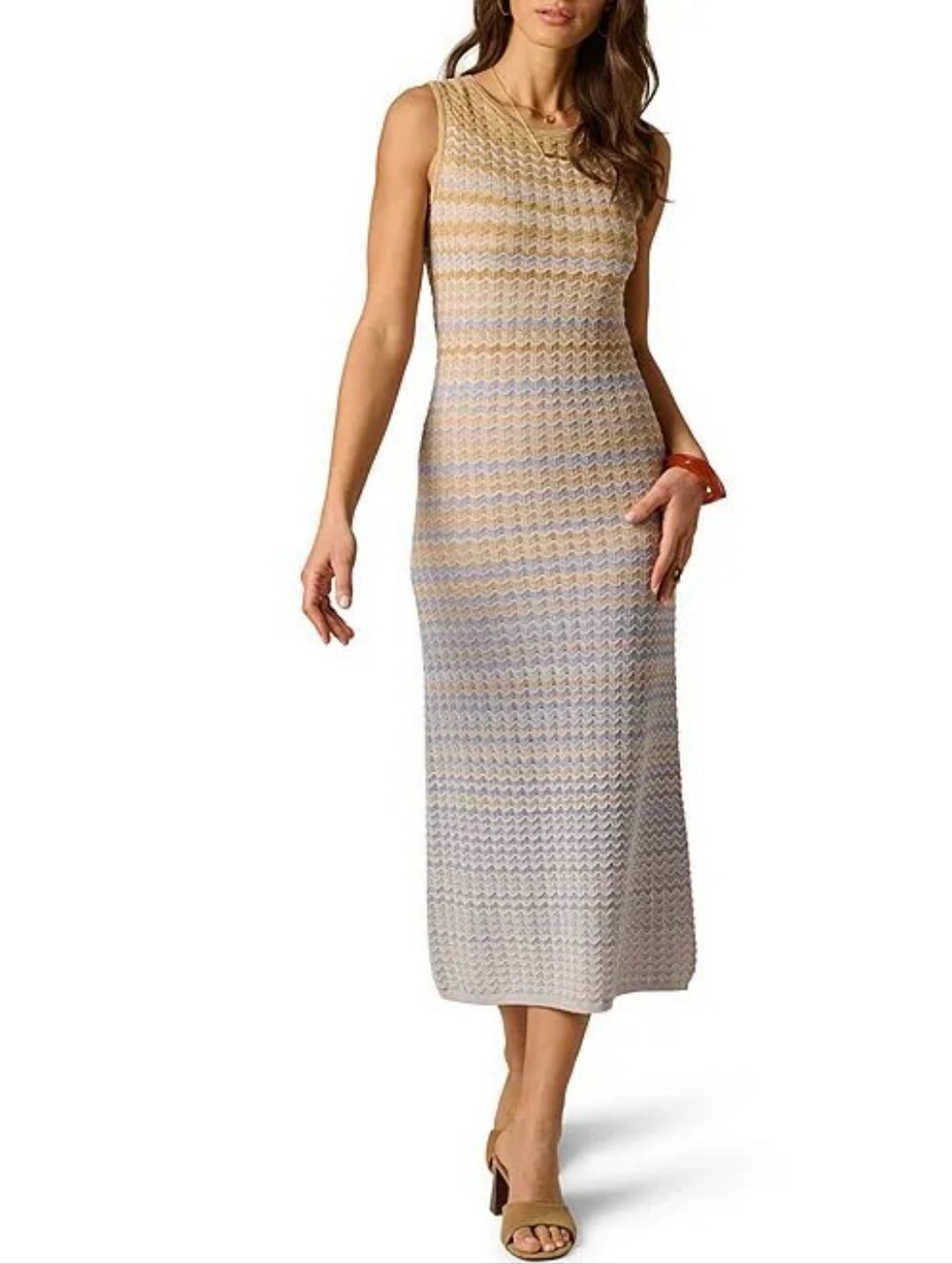 Sleeveless Knit Midi Dress in Cream and Light Blue Hombre